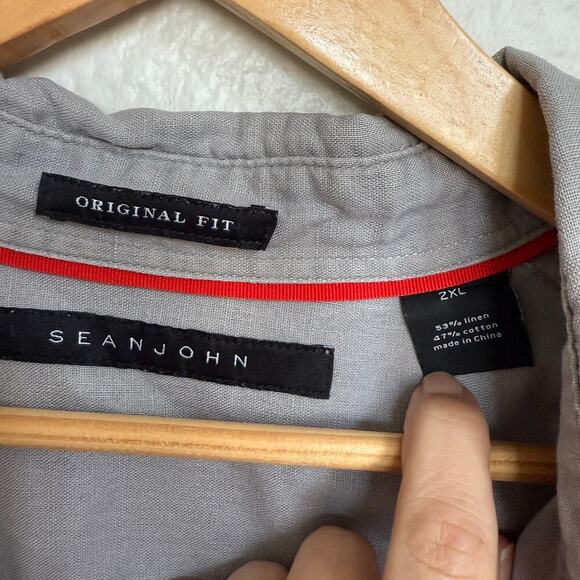 Sean John Mens Button Shirt Linen Cotton Beige 2XL Short Sleeve Front Pockets - Picture 3 of 5